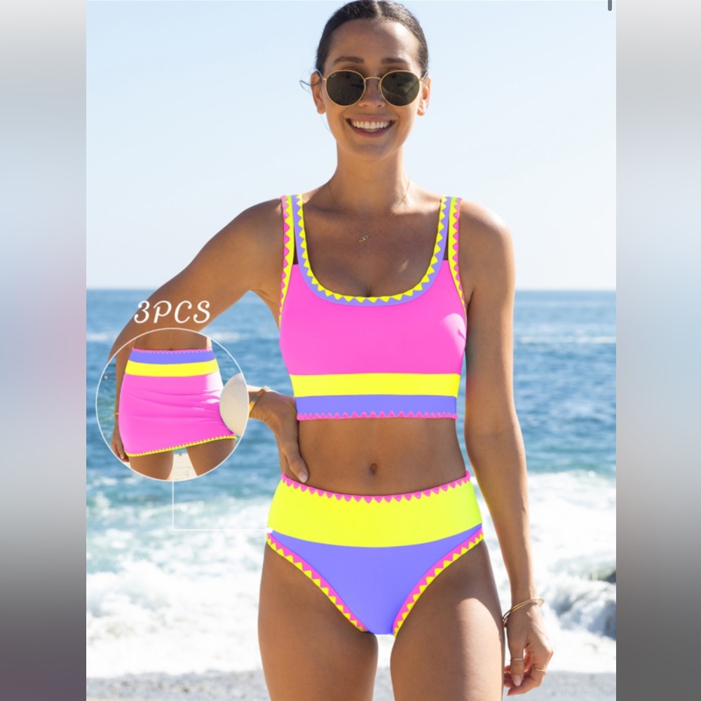 3 piece high waisted bathing suit with skirt Pink and Yellow Women's Swim Set
